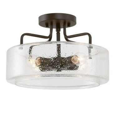 Modern Drum Ceiling Light, 12" Clear Seeded Glass Flush Mount Fixture, ORB Finish, 4-Light
