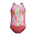thumbnail image 1 of Speedo Girl's UV Protection Printed Colour Block Thick Strap Two Piece Tankini Set Swimsuit - Coral Sands, Size 8, 1 of 4