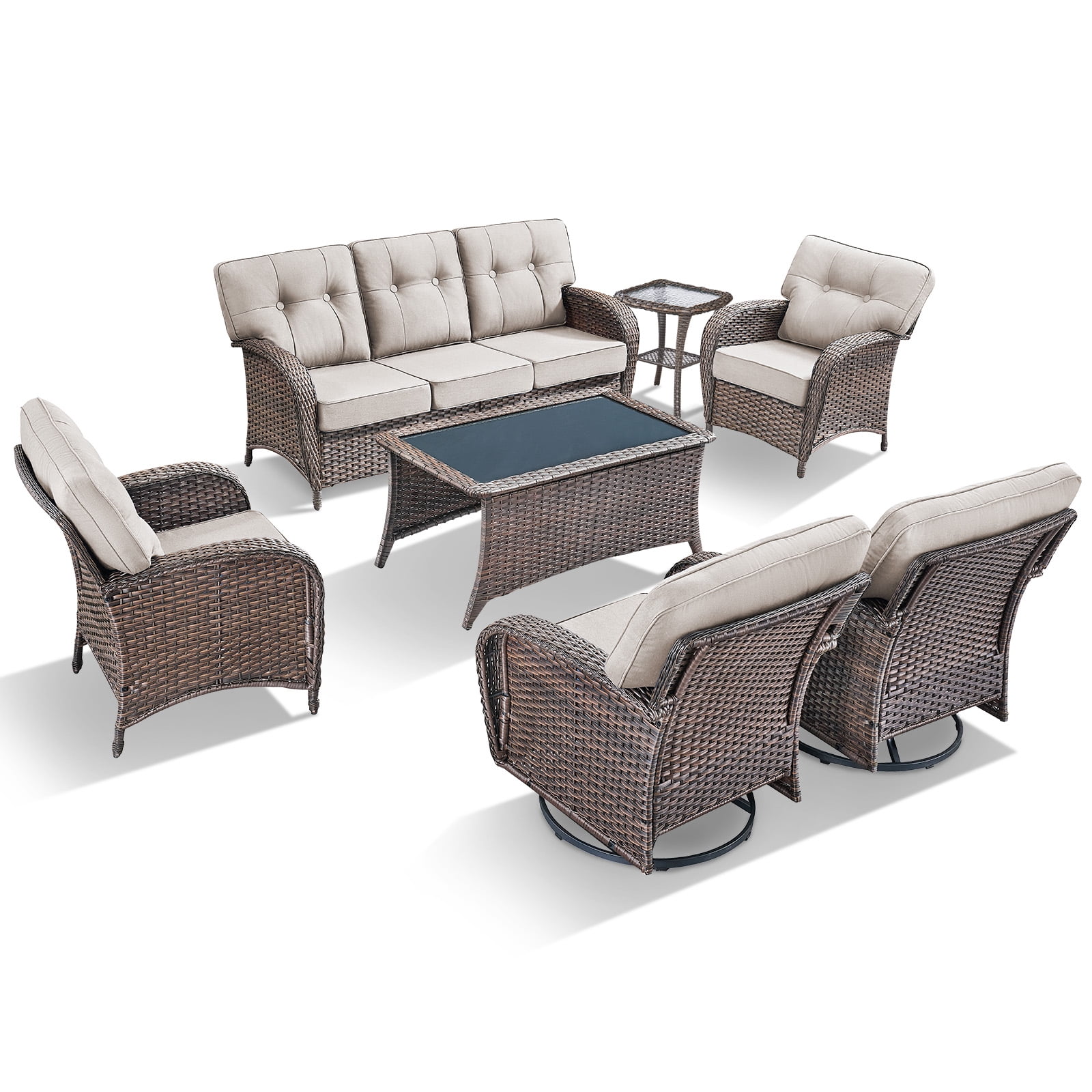 POCASSY Brown Wicker 7 Piece Patio Furniture Set with 5" Thick Cushions, Outdoor Patio Furniture Set with Swivel Gliding Rocker Chairs and Club Chairs