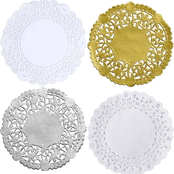 The Baker Celebrations 4" Round Paper Lace Doilies, White and Metallic Silver Gold Foil, Combo 100 Count, Disposable for  Crafts, Parties