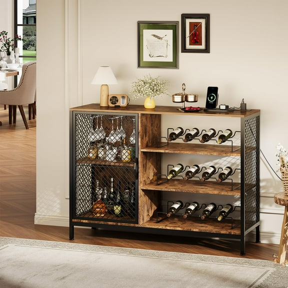 COZONY 42" Industrial Coffee Bar Cabinet with LED Lights and Power Outlets, Wood Liquor Cabinet with Glass Holders for Dining Room, Living Room,Rust brown