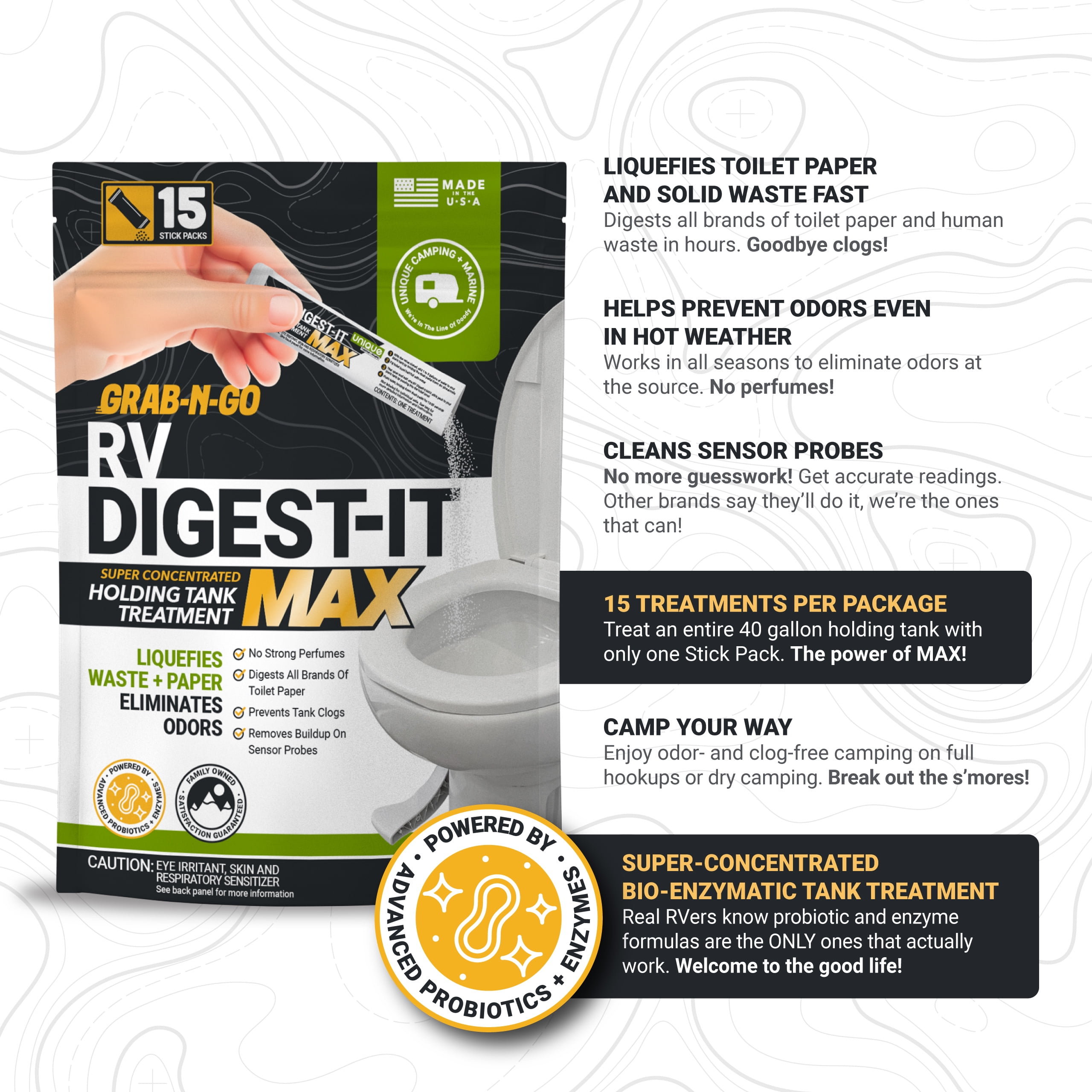 Unique RV Digest-It Max RV Toilet Treatment Stick Packs, 15 Count Grab-and-Go RV Tank Treatment, No-Mess, Pre-measured, Liquefies Waste and Paper, Odor Eliminator