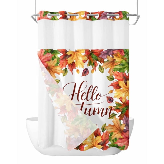 No Hook Cloth Fabric Shower Curtain with Snap in Liner, Maple Leaves Thanksgiving Waterproof Shower Curtains Set with See Through Top Window, Fall Botanical Autumn Leaf Bath Curtains Shower 72"x96"