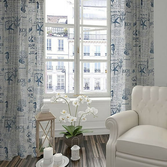 Levtex Home - Beach Life - Window Panel with Rod Pocket - One Curtain Panel 84 inch Length - Coastal Toile - Navy and Cream - 100% Cotton - Lined