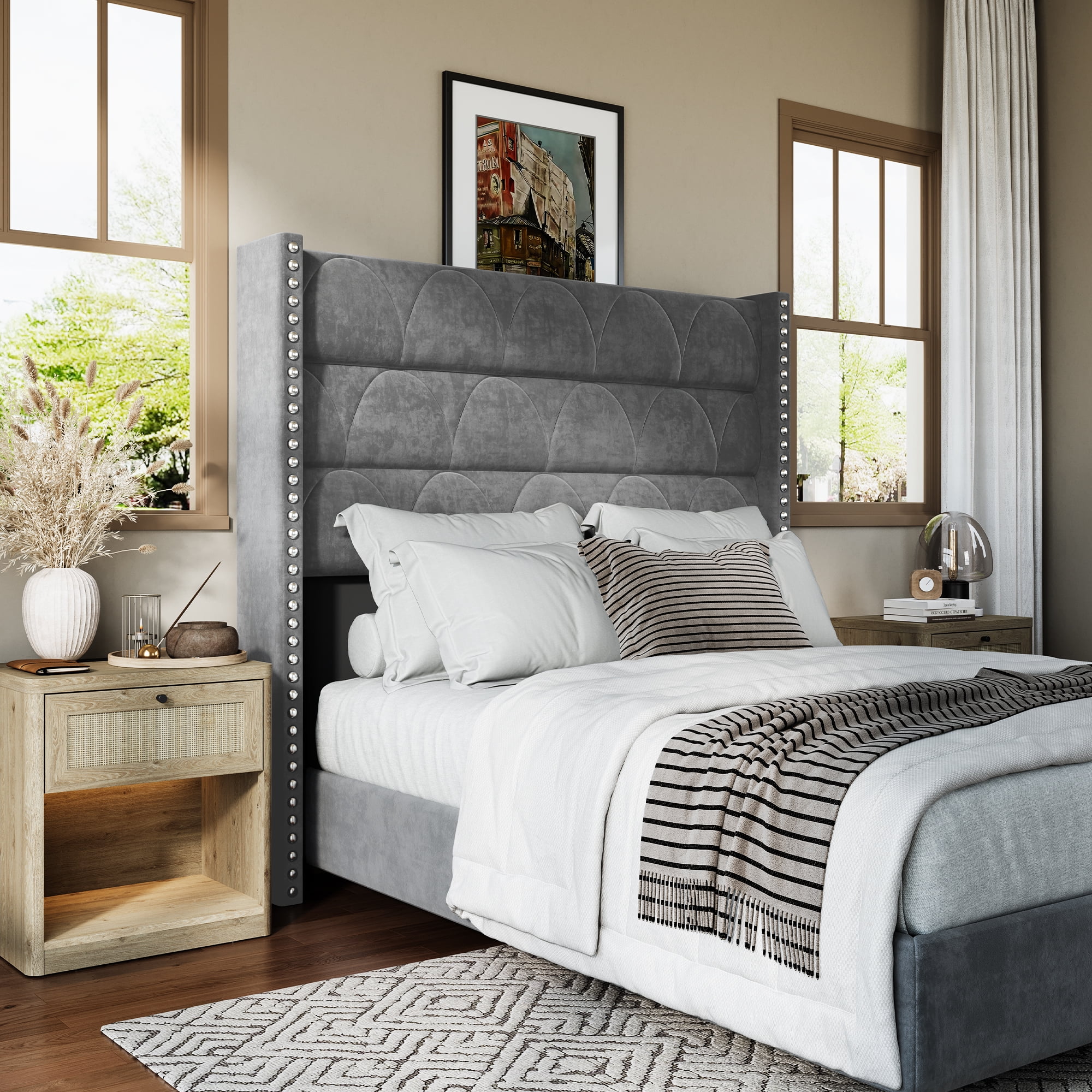 BrooveWave 56" High Back Velvet Upholstered Wingback Bed Headboard with Nailhead Trim, Adjustable Height Headboard for Queen Beds
