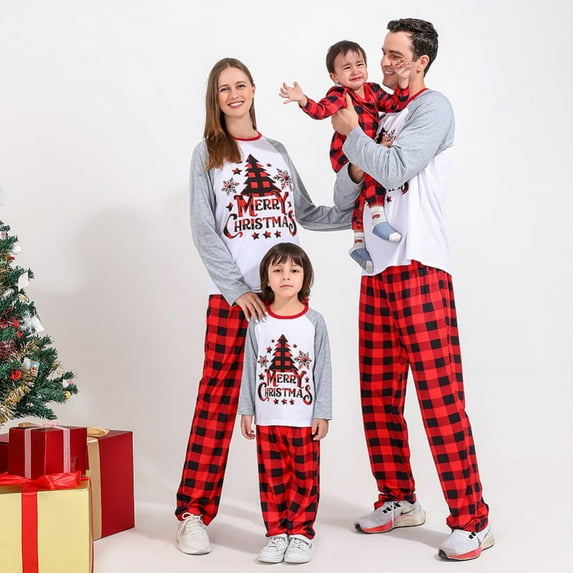 Christmas Matching Family Pajamas Sets Merry Christmas Print Red Tops and Pants Sleepwear 2Pcs Sets