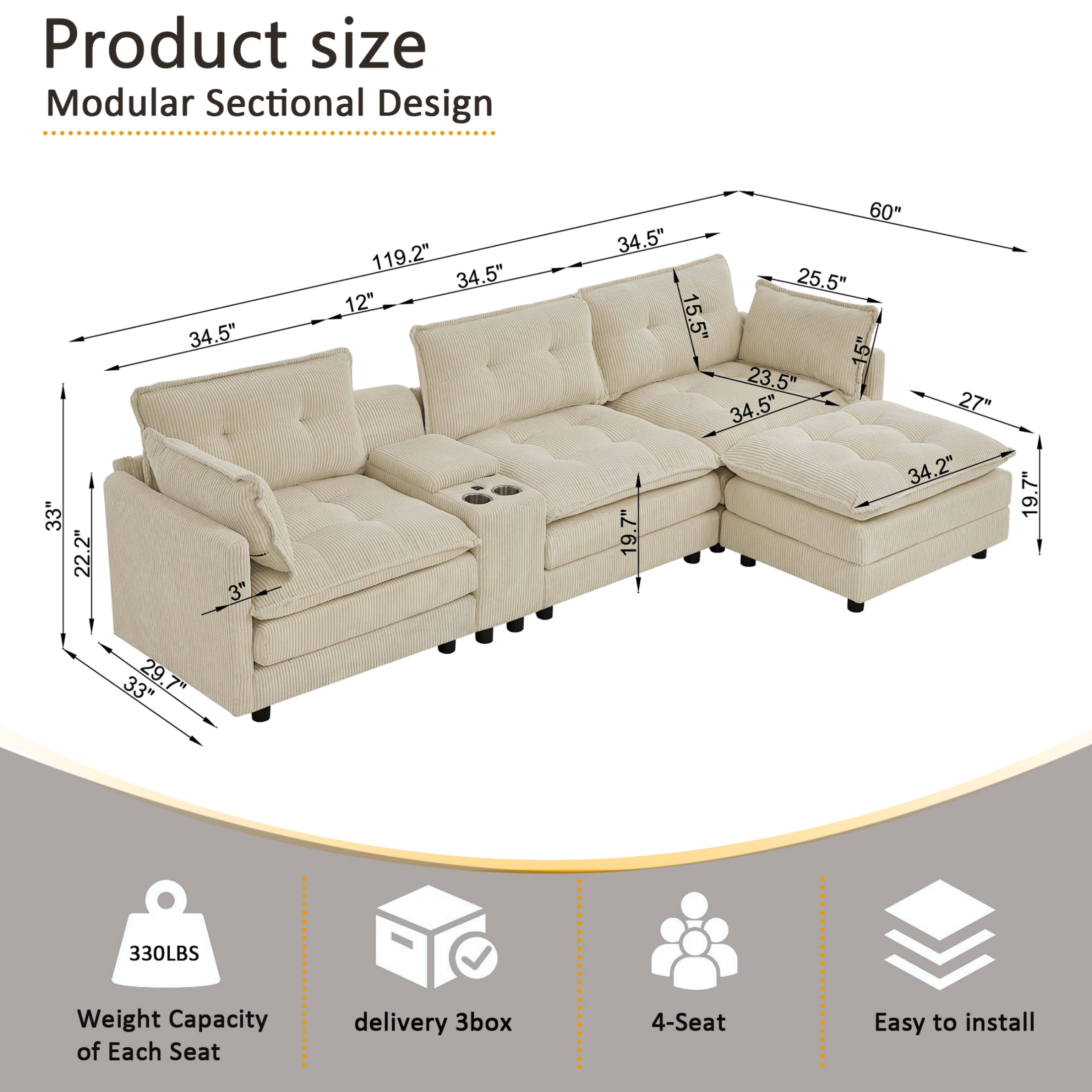 Anpport 119" L-Shaped Modular Sectional Sofa with Removable Ottoman for Living Room, Corduroy, Beige