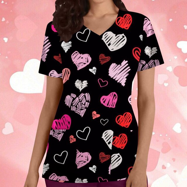 TIMIFIS Blouse Noire pour Femmes, Manches Courtes, Col en V, Imprimée, Décontractée, avec Poches-Noir
