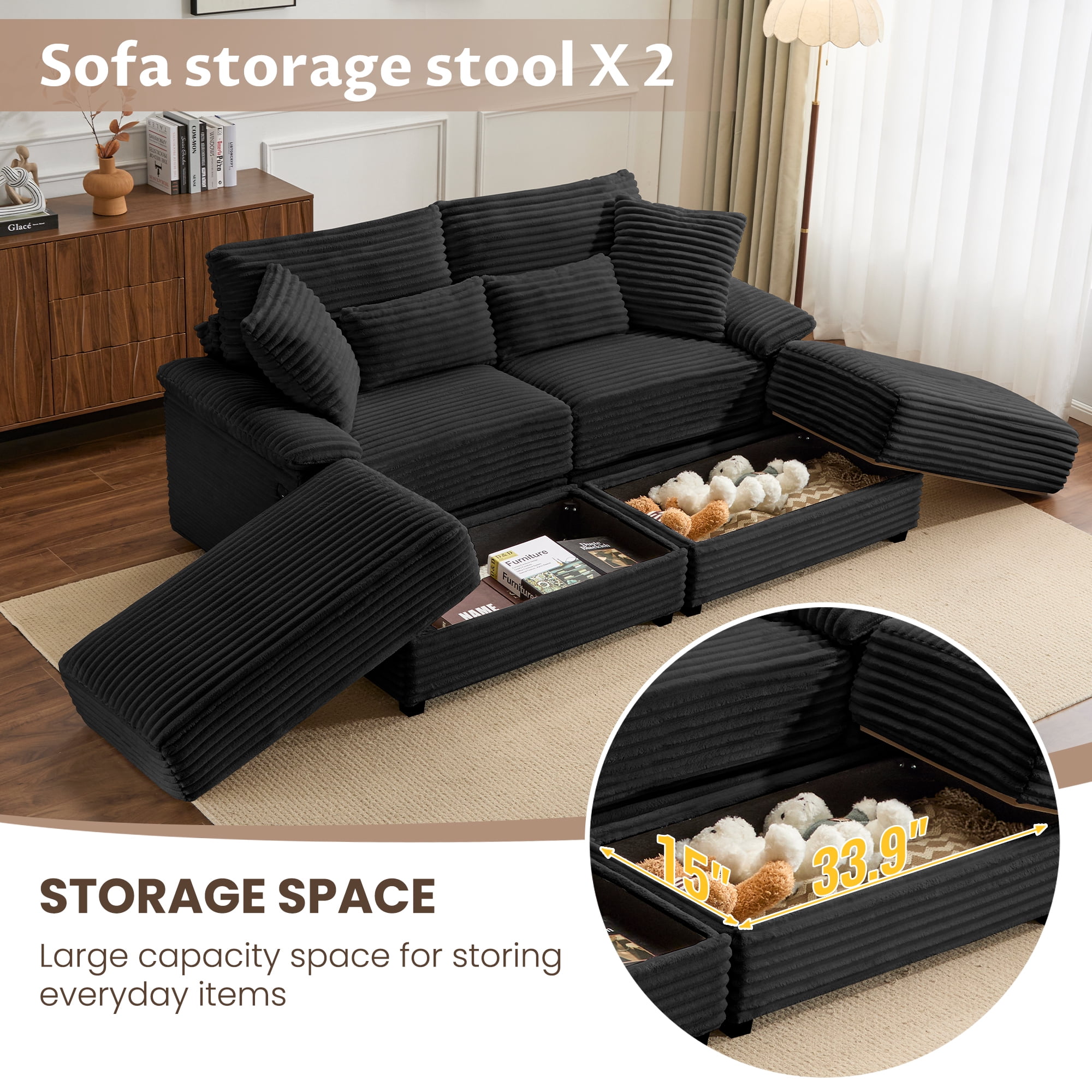Alvantor 74" Sofa Loveseat with Reversible Ottoman & USB Port Corduroy Chaise Couch for Living Room Black
