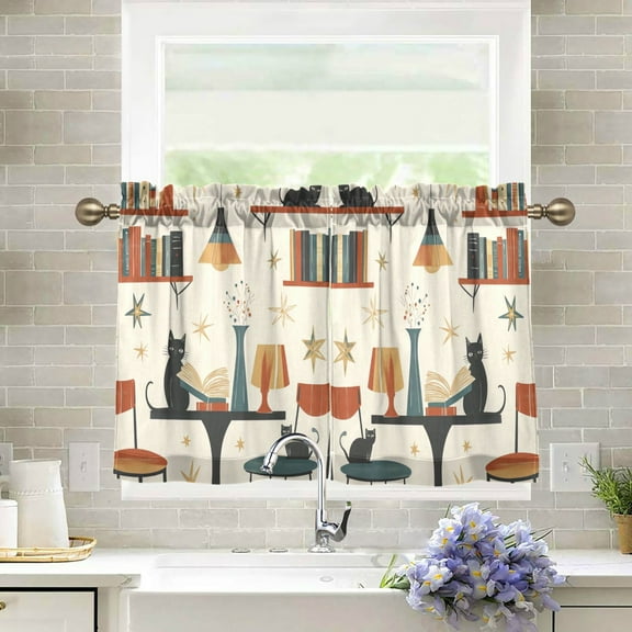 Yayeee Kitchen Curtains Tier Pair Light Filtering 27"x24" Rod Pocket Short Cafe Window Panel, Cats Reading Pattern
