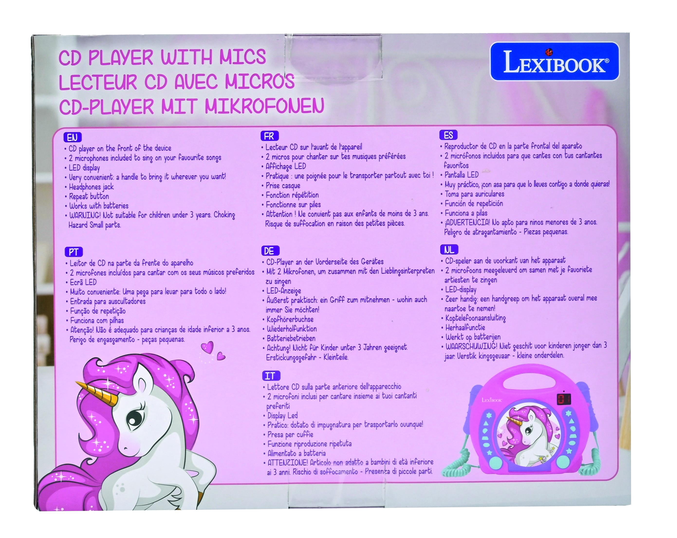 Lexibook Unicorn, CD player, Programming function, headphones jack, for kids, Blue/Pink