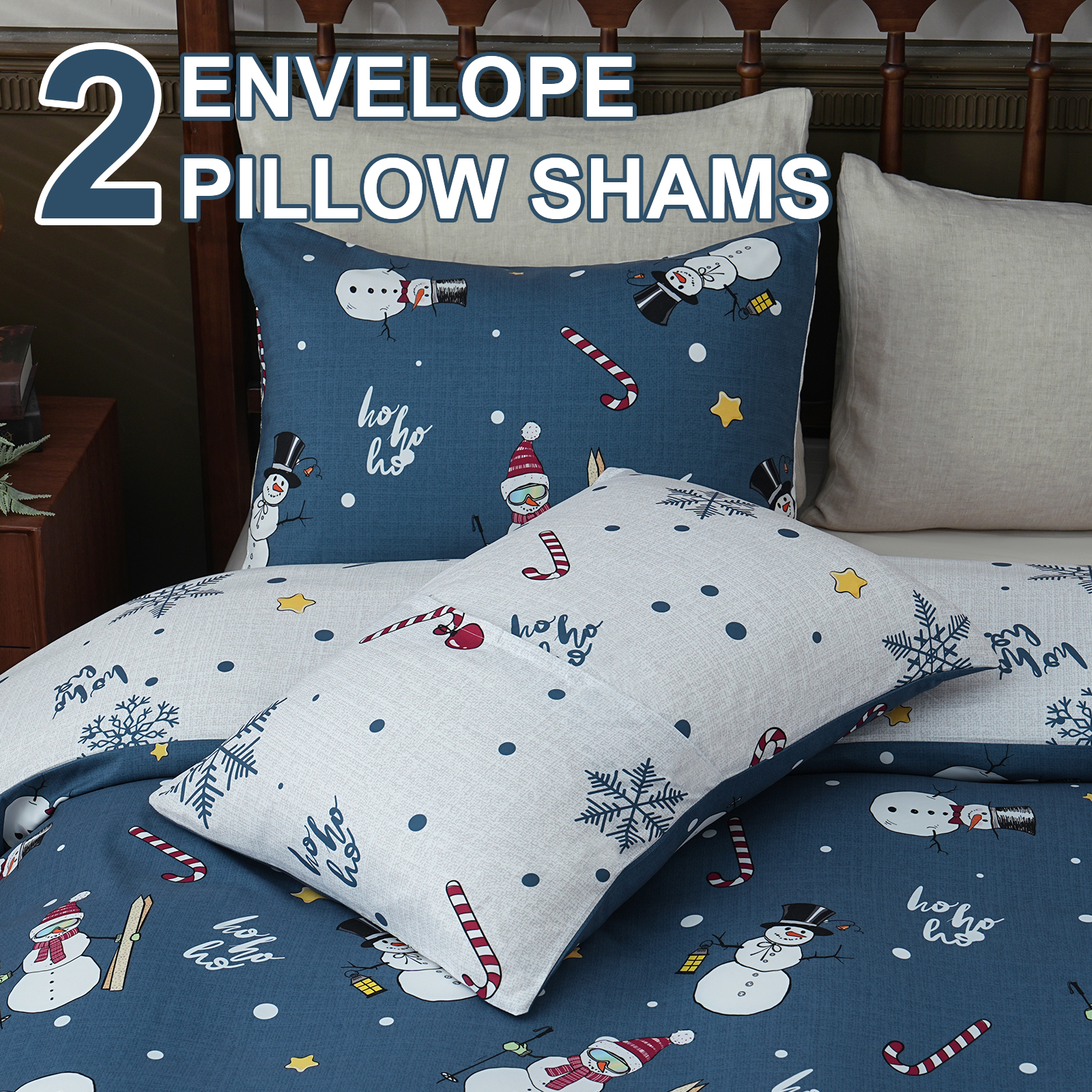 BLEUM CADE Duvet Cover and Pillow Covers Christmas Snowman Duvet 3 Piece Bedroom Set Blue Background and White Snowman Printed