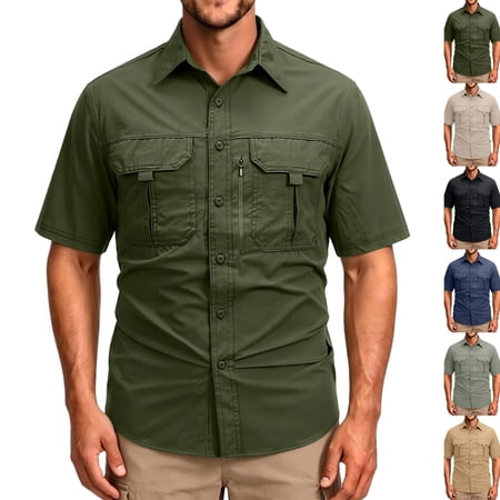Men s Safari Hiking Fishing Shirt Sun Protection Short Sleeve Button Shirt Lightweight Cooling Quick Dry Outdoor Army Green 3XL