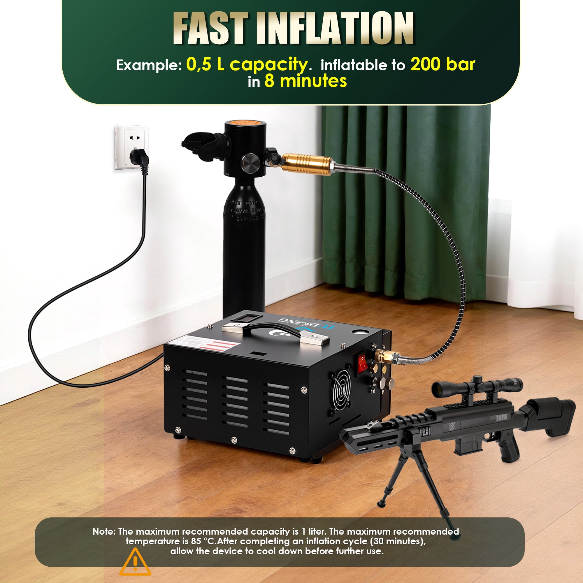 TUDIVING 4500 PSI PCP Air Compressor, Portable 12V DC/110V AC Air Pump with Built-in Converter, Oil-Free for PCP Air Rifles