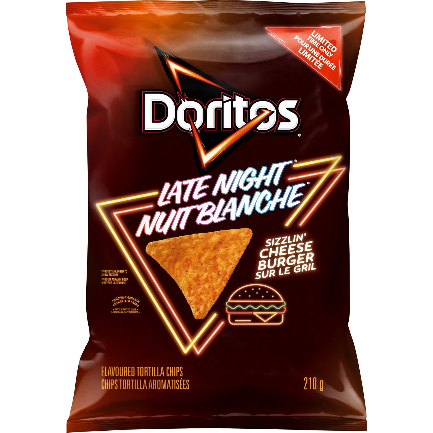 Doritos Late Night Sizzlin' Cheeseburger flavoured Tortilla Chips, 210 g.