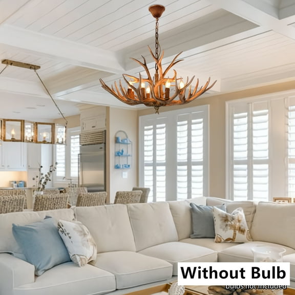 Rustic 6-Light Pendant Lamp Vintage Deer Horn Antler Ceiling Light For Parlor （Without bulb）