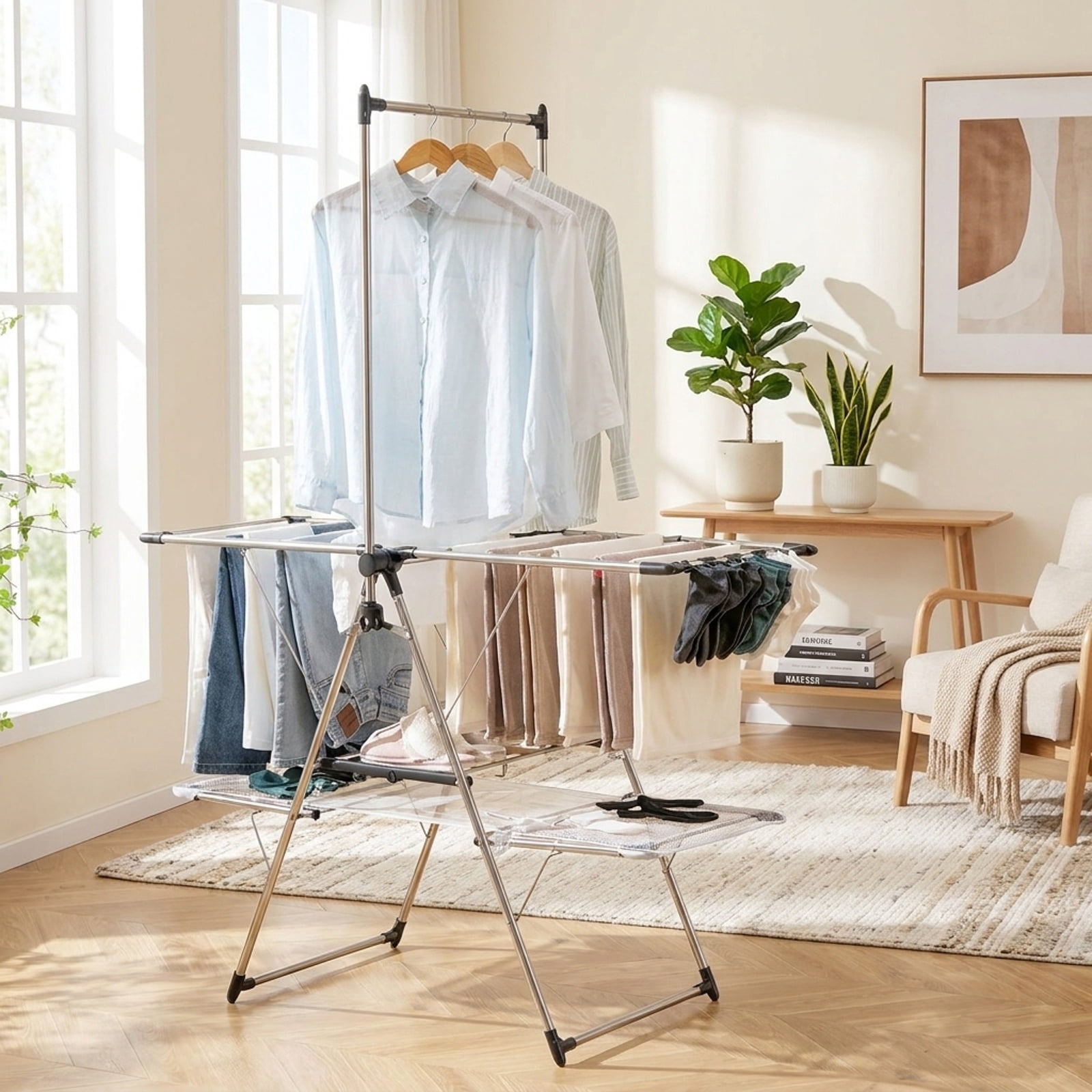 Vebreda Large Foldable Clothes Drying Rack with Tall Hanging Bar, Smart Drying Solution, Height Adjustable Gullwing, Superior Stainless Steel