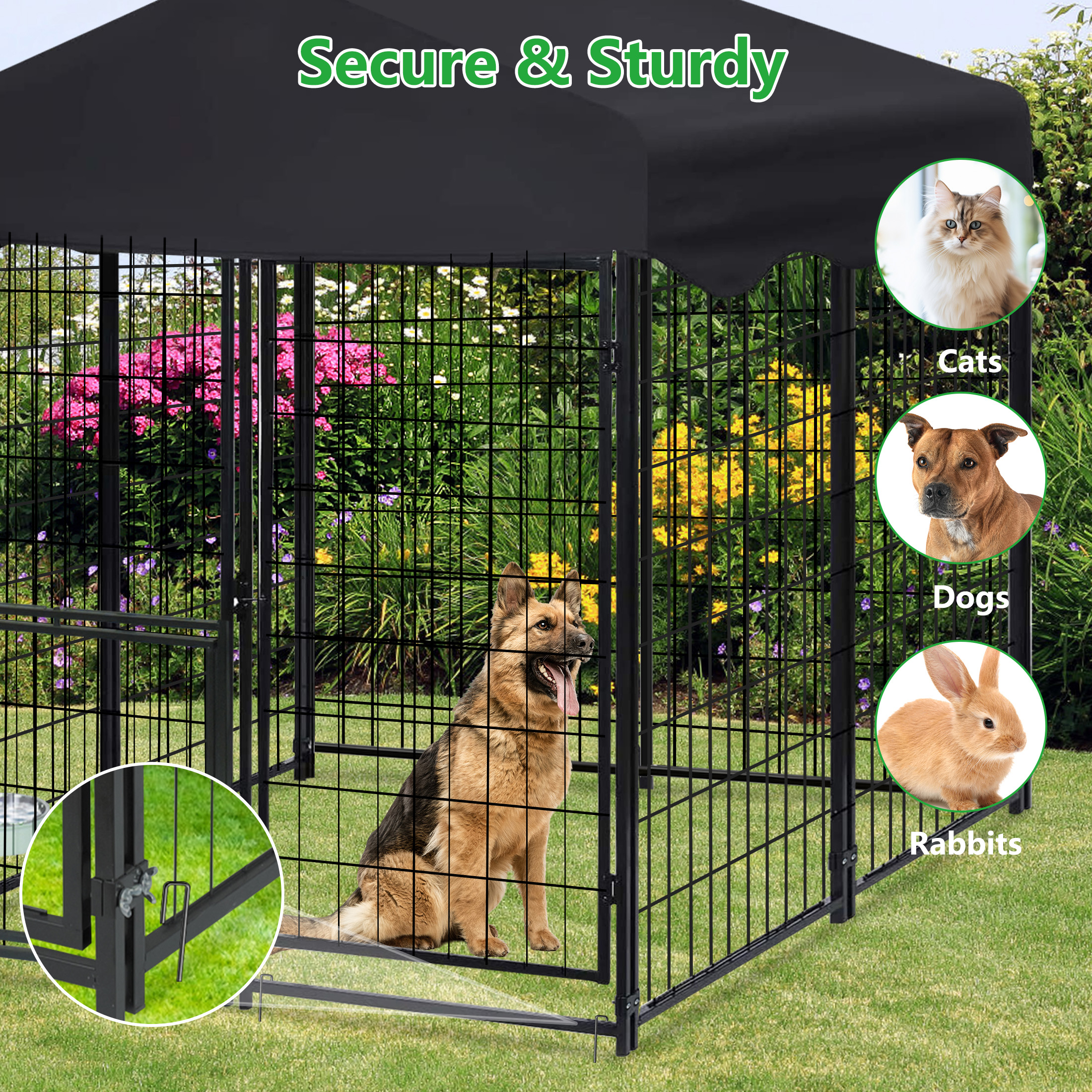 Txh001 Dog Kennel Outside, 4ft x 4.2ft x 4.5ft Outdoor Kennel with Roof and Feeding Bowls for Dogs Outdoor Dog Enclosure