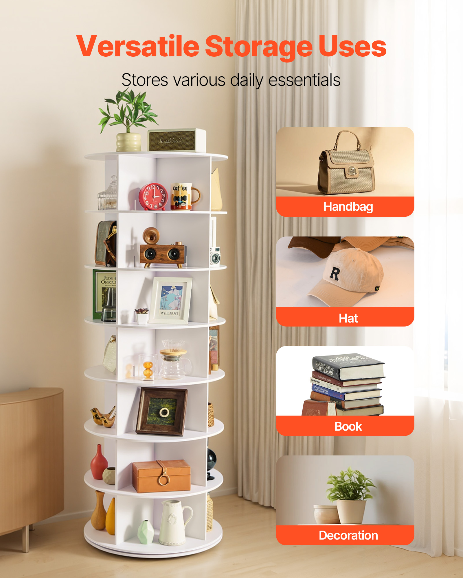 VEVOR 7 Tiers Rotating Shoe Rack Tower, 360° Spinning Shoe Rack, Revolving Storage Round Carousel Display, Freestanding Lazy Susan Organizer Display for Bedroom, Living Room, Entryway, Closet, White