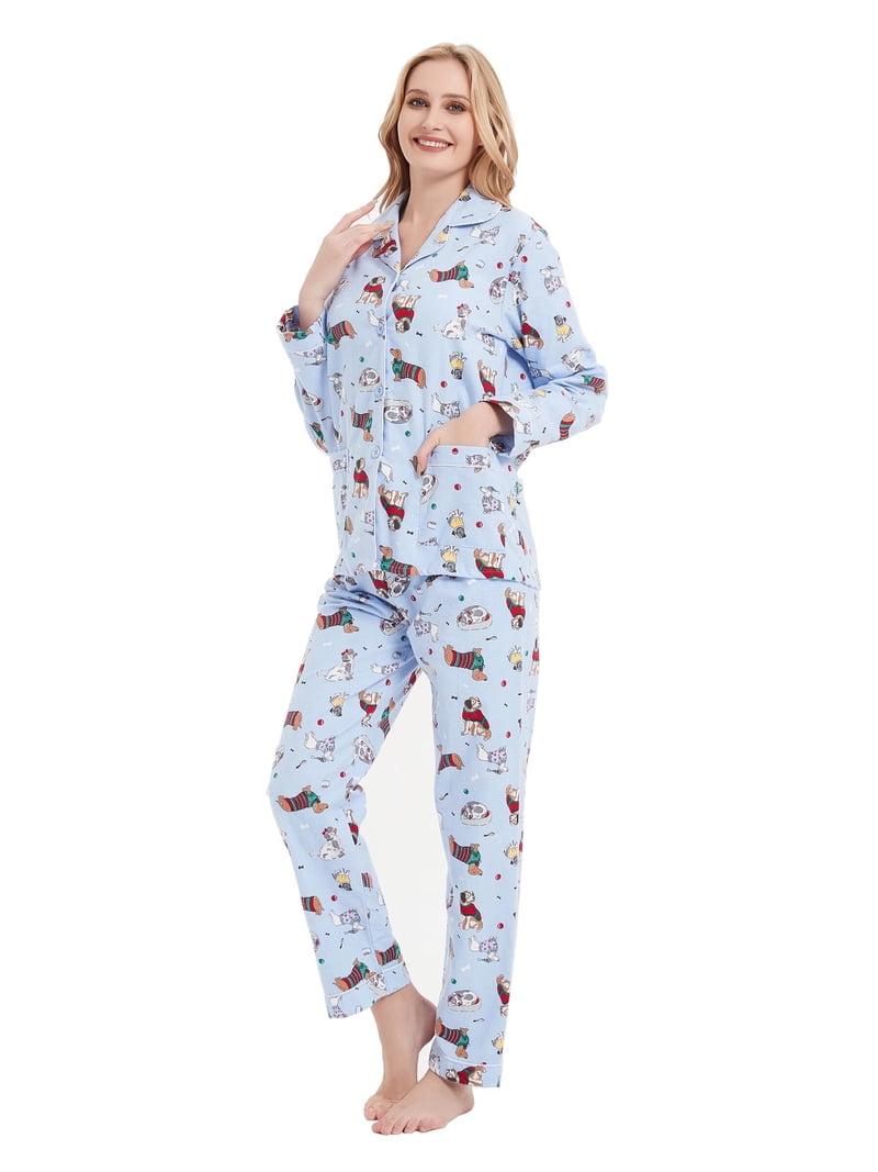 GLOBAL Women's 100% Cotton Flannel Pajama Set – Long Sleeve Button-Up, Drawstring Waist, XXL