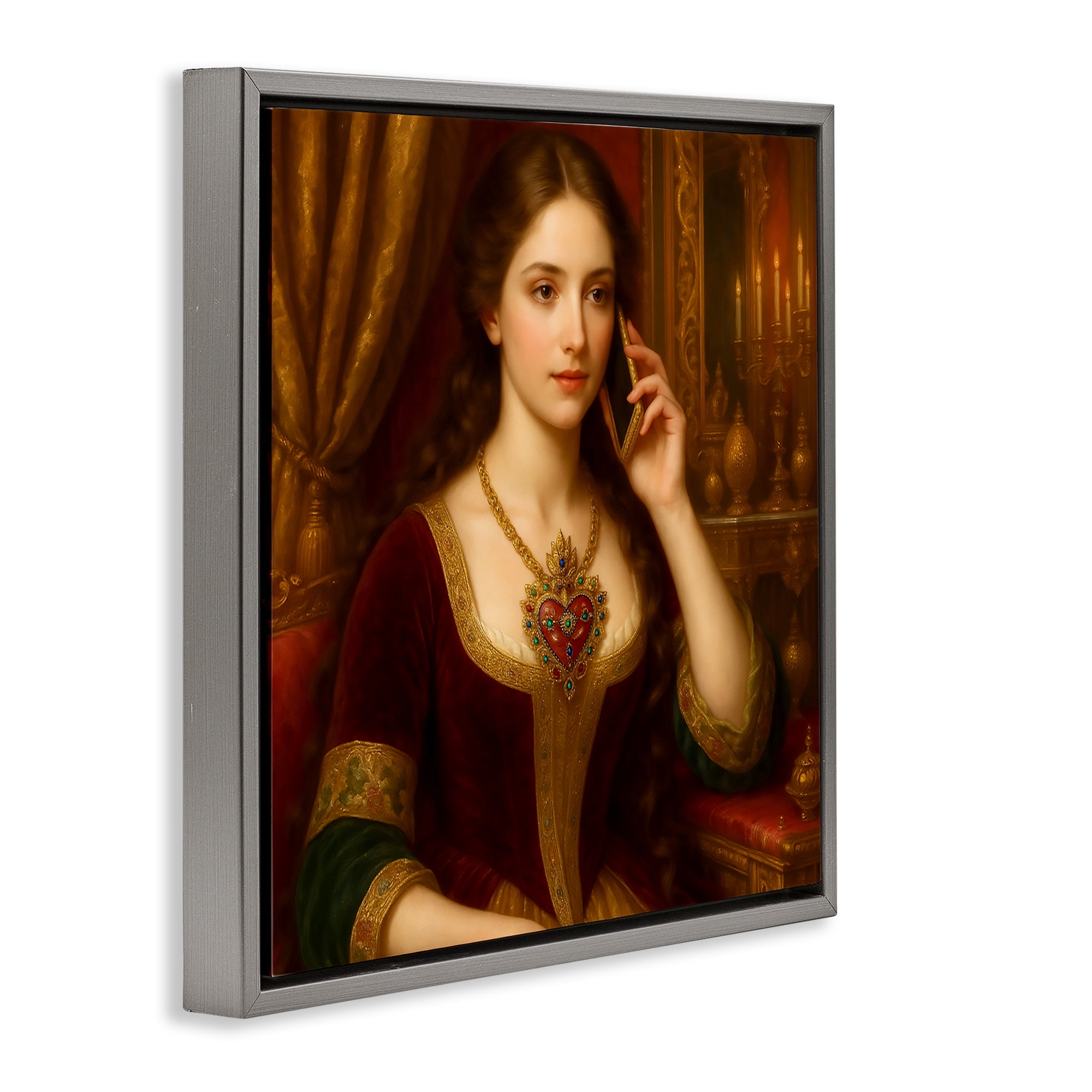 Stupell Industries Rococo Woman with Cell Phone Gray Framed Floater Canvas Wall Art, design by Grotto Studios