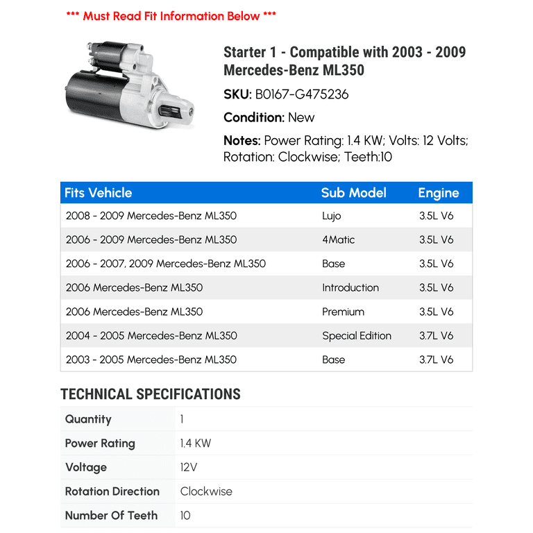 New Starter Motor For Mercedes ML350 E320 C300 – 12V 1.4kW PMGR Direct Replacement
