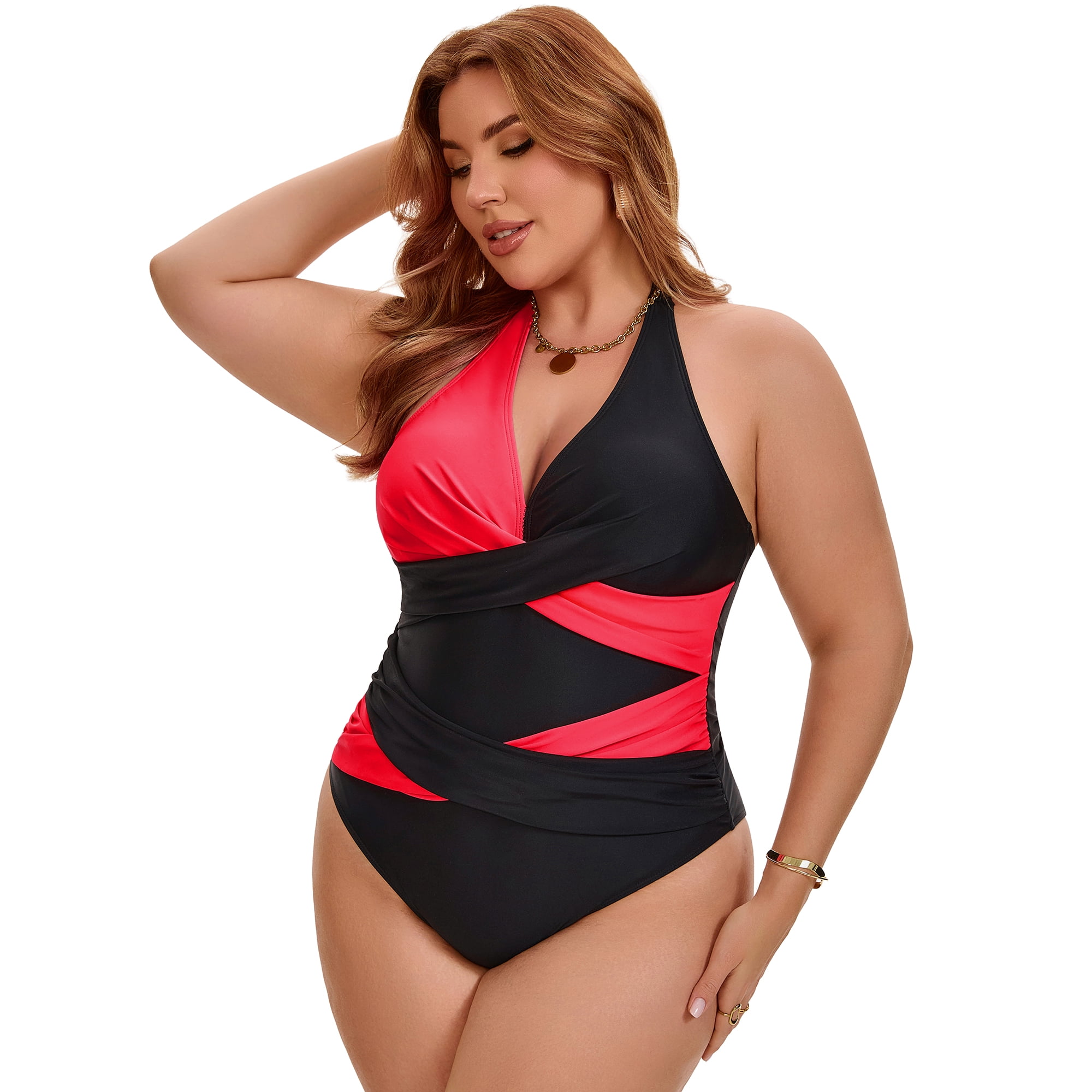 DARING DIVA Women's Plus Halter Criss Cross Backless 1 Piece Bathing Suit L Red