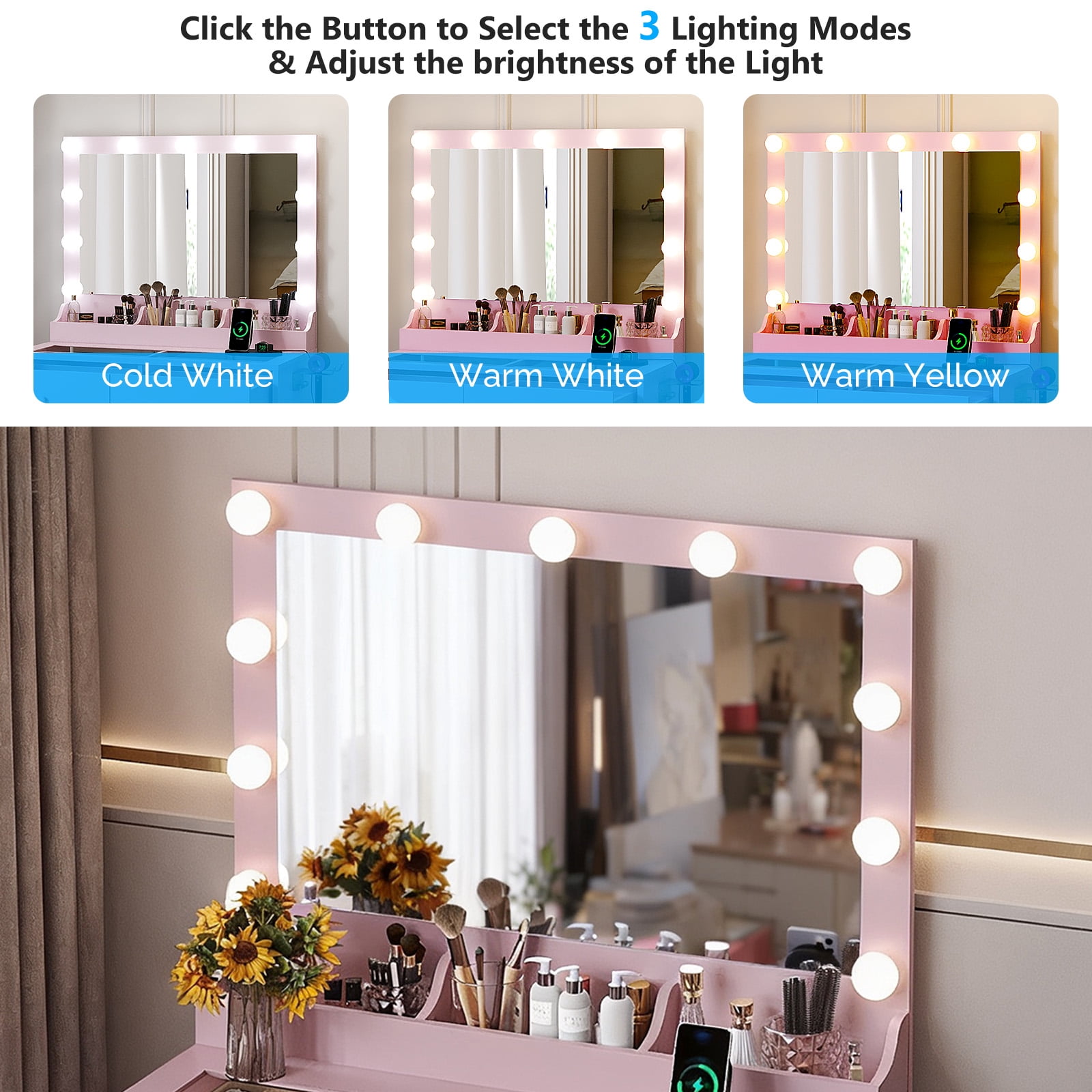 Zimtown Vanity with Mirror and Light, Makeup Desk  with Charging Station and Storage, Dressing Table with Hair Dryer Rack for Bedroom, Light Pink