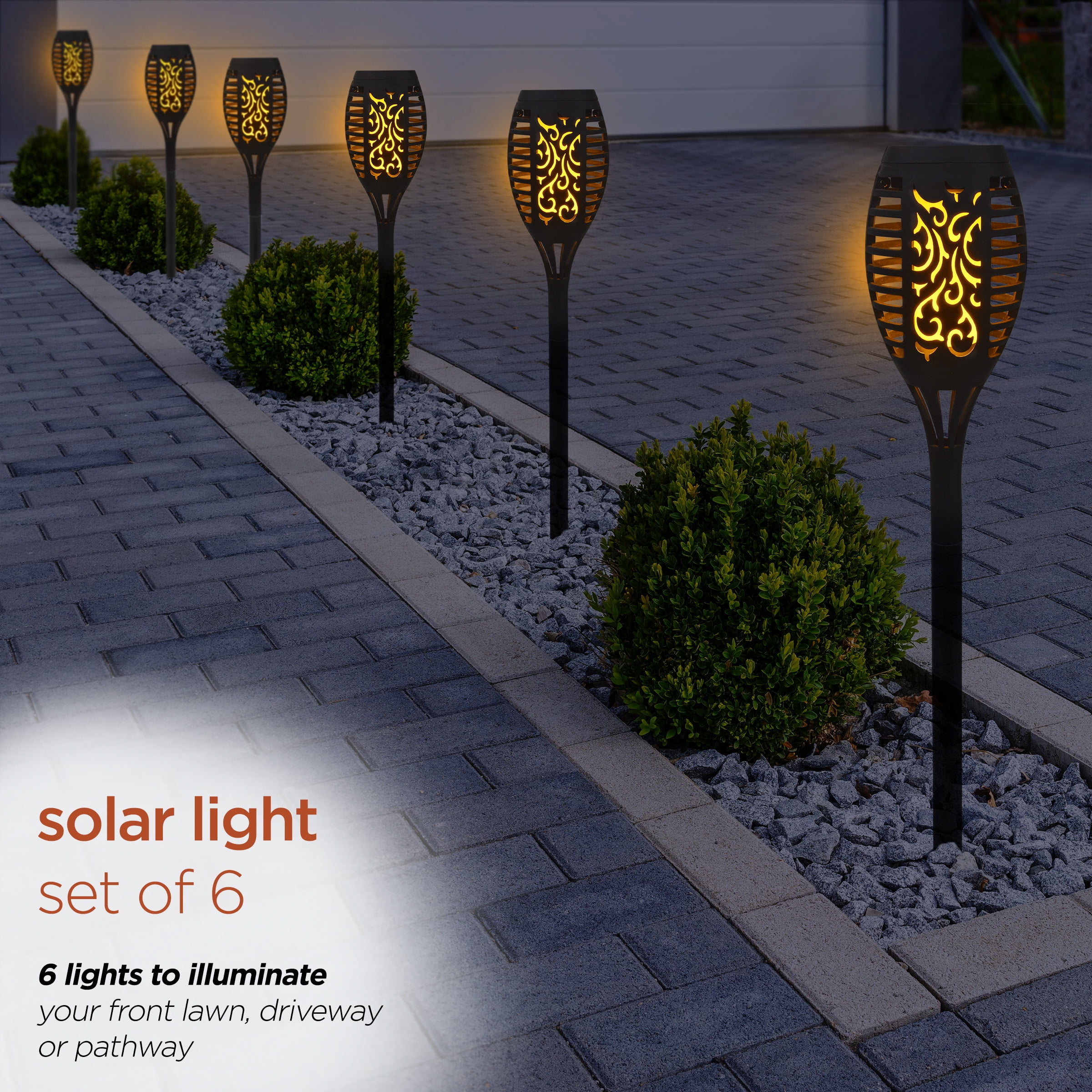 Alpine Corporation 20" Outdoor Solar Torch Flame LED Light Pathway Stake, Black (Set of 6)