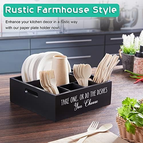 Paper Plate Dispenser for Countertop - Wooden Utensil Holder Organizer for Party - Silverware Caddy for Plate, Cup, Fork, Spoon - Cutlery Holder with Handles for Kitchen Camping Buffet