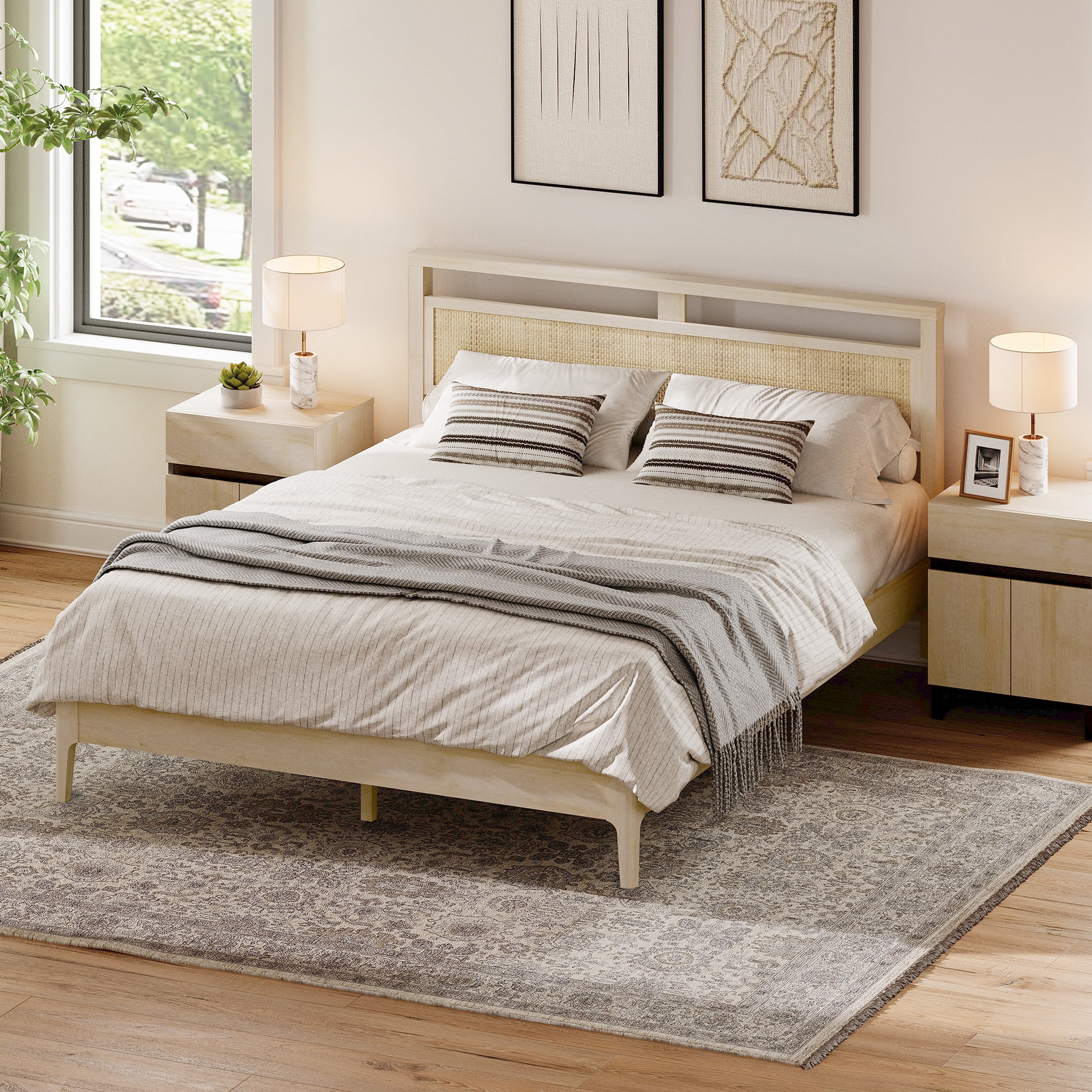Queen Size Bed Frame with Rattan Headboard, Wooden Bed Frame with Solid Wood Legs and Multiple Mid-Position Supporting Beams for Bedroom Furniture, Quiet and Stable, Beige