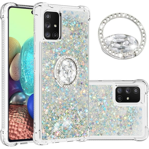 Compatible with Samsung Galaxy A71 5G Case Glitter Liquid Clear Bling Moving Floating Sparkle with Ring Holder Kickstand TPU Girly Women Cute Phone Case for Samsung Galaxy A71 5G Sliver YBZ