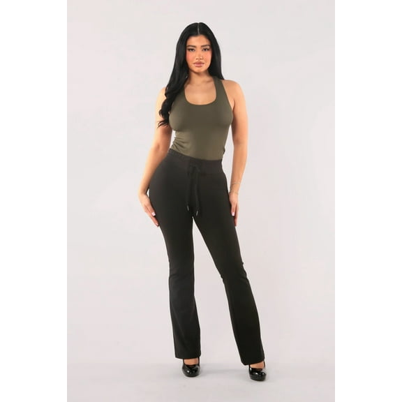 High Waist Soft Brushed Flare Pants With Drawstrings - Black