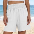 thumbnail image 4 of Shorts Casual de Mujer de Cintura Alta - Bermudas Rectas de Moda Elásticas con Cintura Fruncida y Bolsillos, Blanco, L, 4 of 6