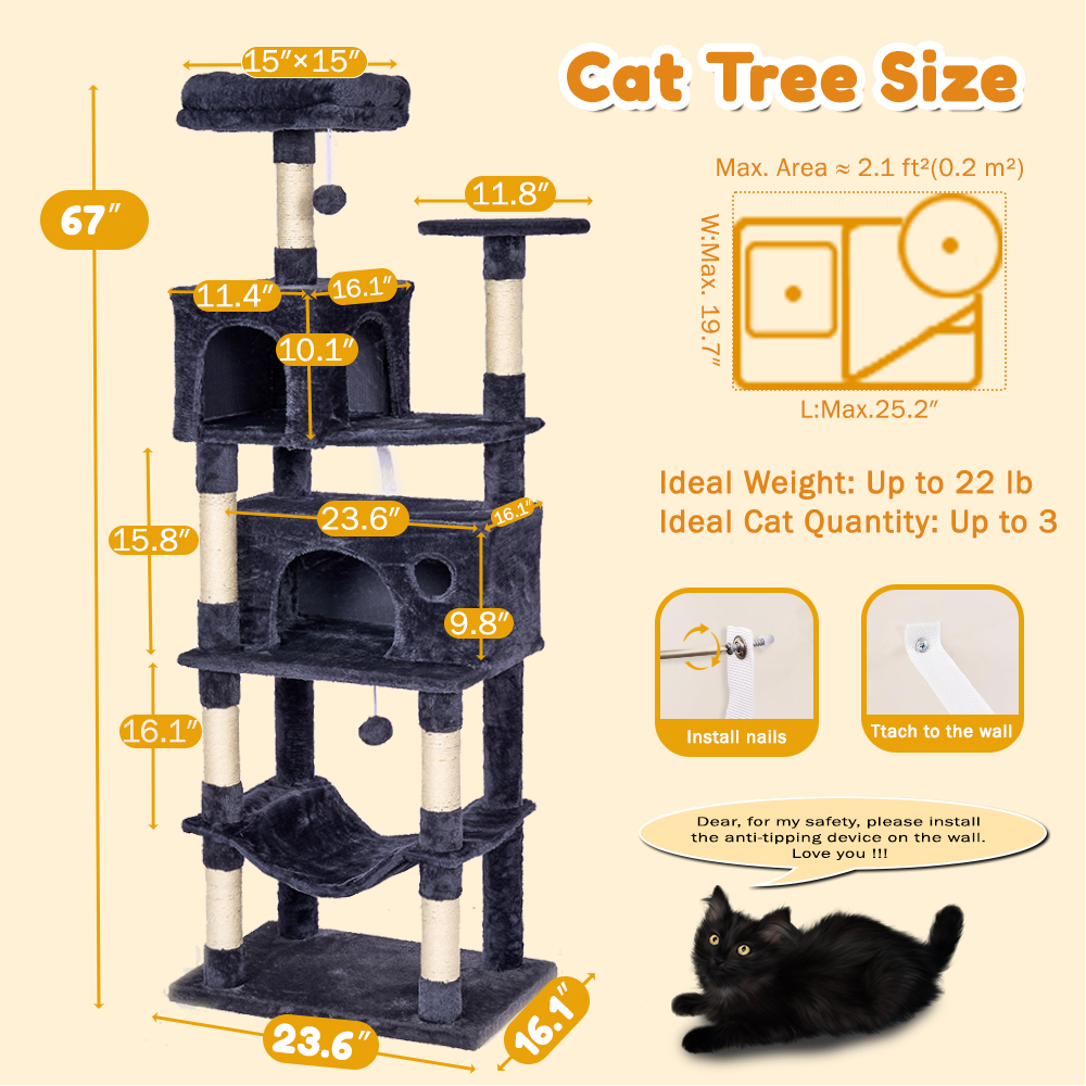 Senbonry 67in Heavy Duty Cat Tree for Indoor Cats Large Adult,Tall Cat Climbing Tower with Hammock,Sisal Scratching Post,Basket,Removable Perch,Condo,Dark Gray