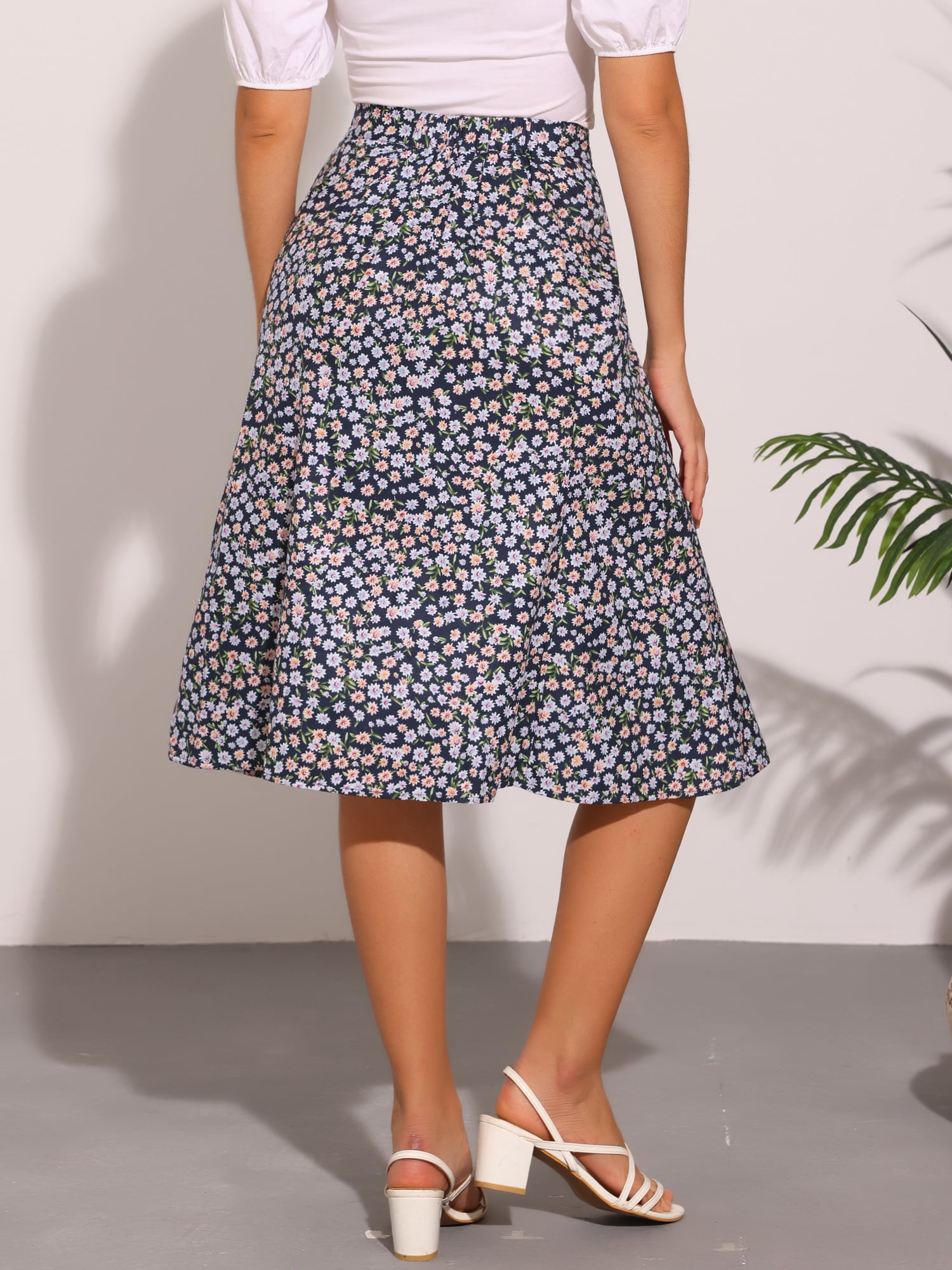 DARING DIVA Women's Elastic Waist A-Line Midi Skirt M Dark Blue Flower