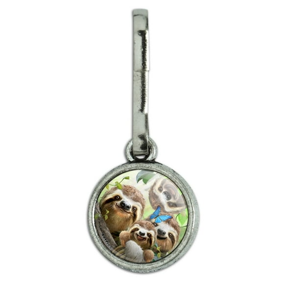 Sloth Family Selfie Antiqued Charm Clothes Purse Suitcase Backpack Zipper Pull Aid
