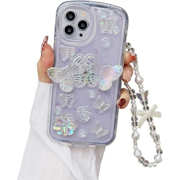 Compatible for iPhone 15 Pro Case with Phone Charm Chain,3D Butterfly Flower Pearl Cute Aesthetic Phone Case,Crystal Clear Glitter Protective Case Women Girl for iPhone 15 Pro
