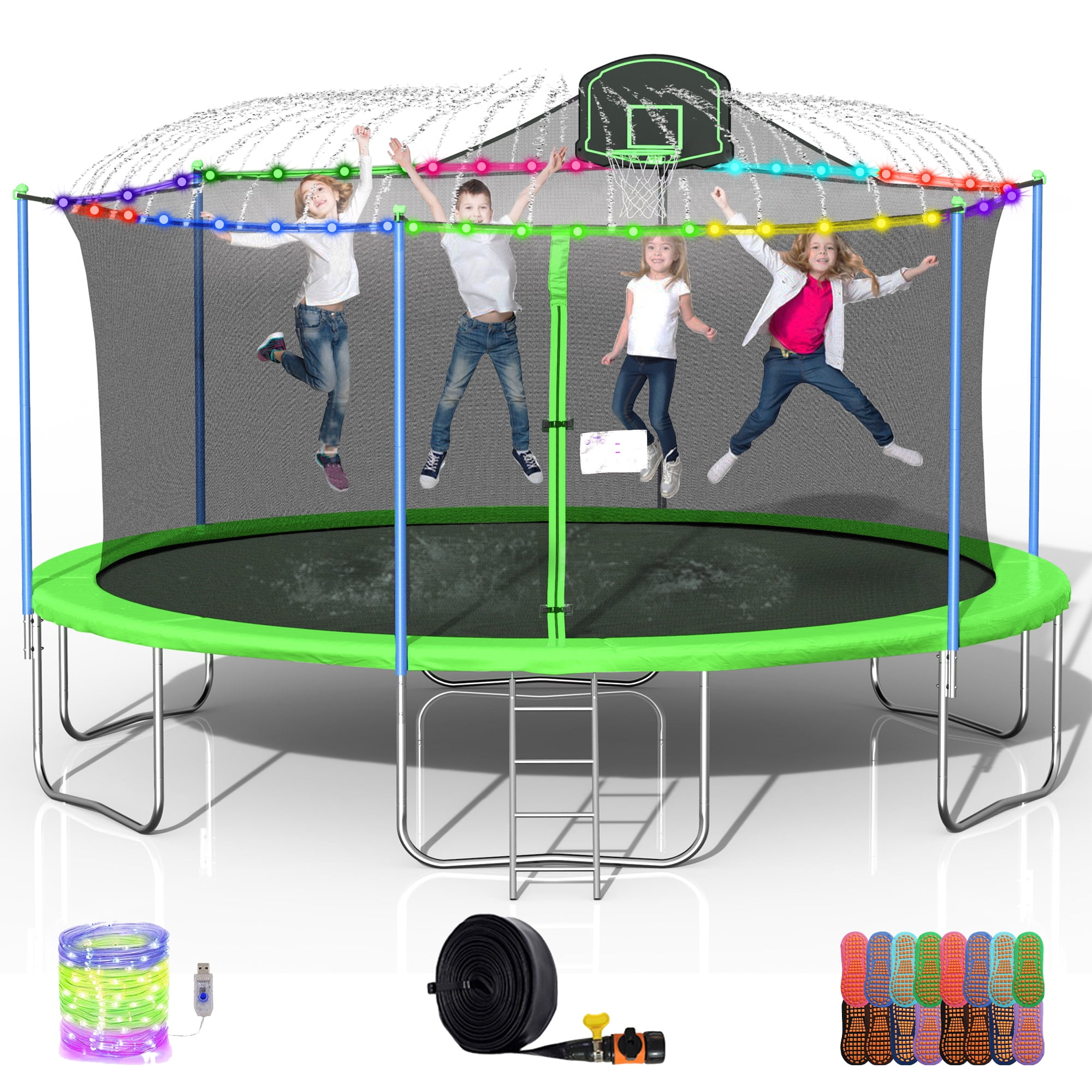 DreamBuck 16FT Trampoline Adults Kids, 1500LBS No-Gap Design - ASTM Approved, Outdoor Backyard with Basketball Hoop, Enclosure, Sprinkler, Light and Socks, for Happy Family Time, Green - Walmart.com