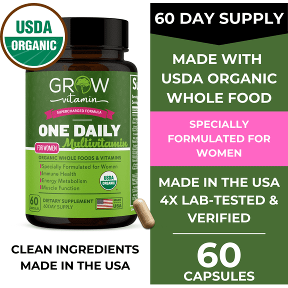Grow Vitamin One Daily Multivitamin for Women - Energy Support - Whole Food Supplement to Nourish Hair, Skin, Nails - Non-GMO - No Soy - Gluten Free - 60 Capsules - 2 Month Supply
