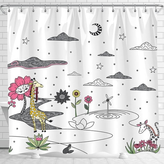 Whimsical Giraffe Shower Curtain - Dreamy Landscape with Moon & Stars