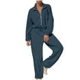 thumbnail image 1 of AherBiu Sweat Jumpsuits for Women Long Sleeve Zipper Lapel V Neck Drawstring Waist Rompers, 1 of 7