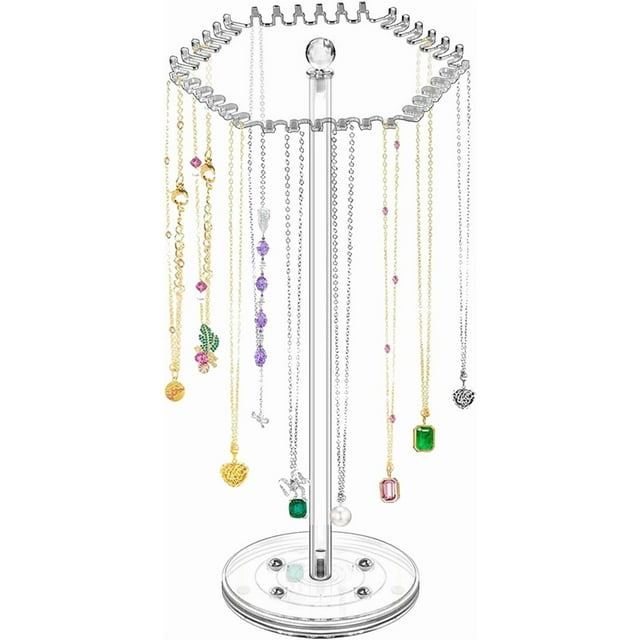 UgyDuky Acrylic Necklace Holder, Jewelry Rotating Organizer Stand with 36 Hooks, Clear Necklace Display Hanger Rack, Necklace Storage Hanging Holder for Necklaces Rings Earring Bracelets Chain Storage