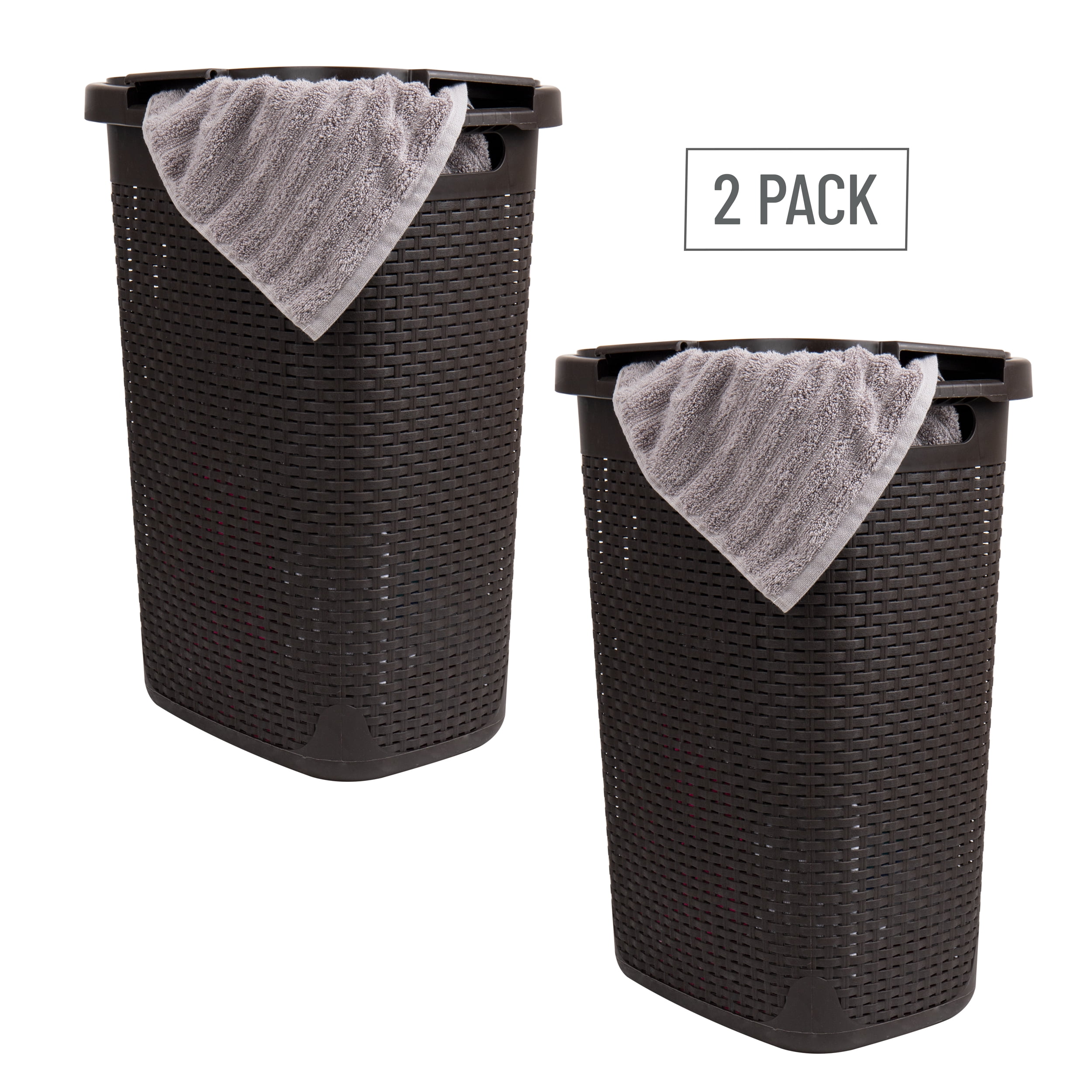 Mind Reader 60L Slim Laundry Hamper, Clothes Basket, Lid, Wicker Style, Plastic, 17.65"L x 13.75"W x 24.15"H, Set of 2, Brown