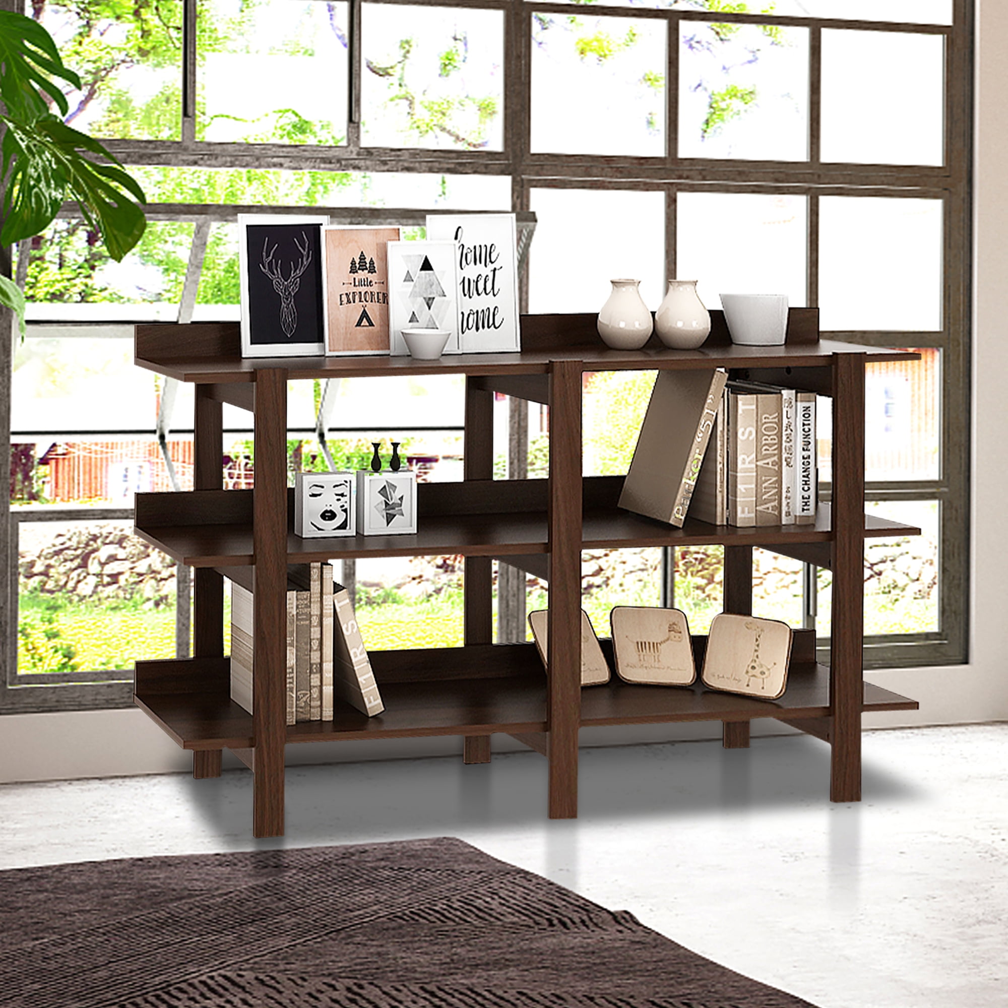 Costway 59'' 3 Tier Console Table with Storage Wooden Sofa Entryway Table Brown Walnut