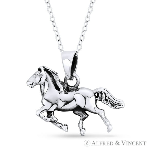 Galloping Stallion Horse Charm Animal Pendant & Cable Chain Necklace in .925 Sterling Silver