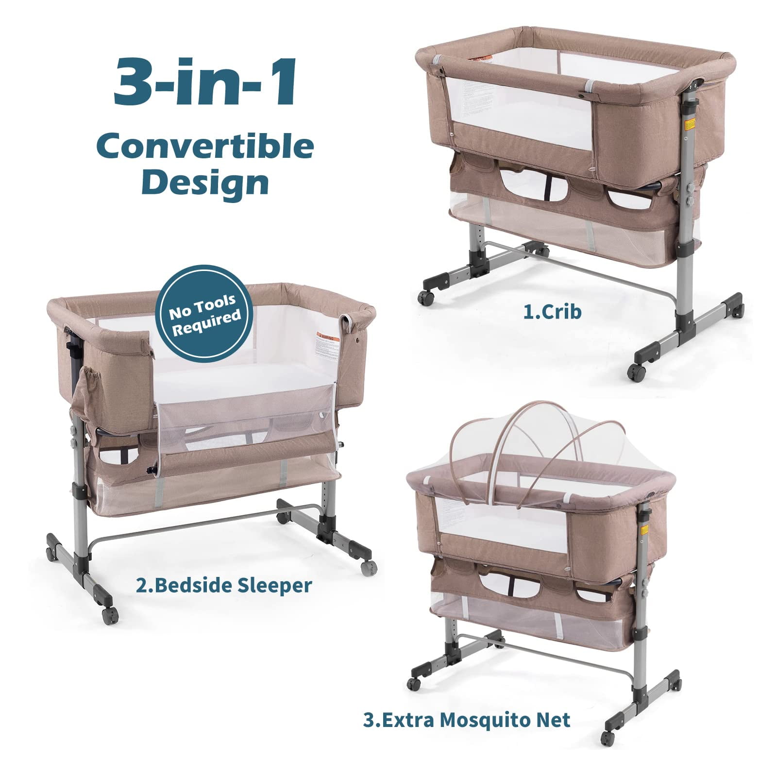 3-in-1 Baby Bassinet with Double-Lock Design and Adjustable