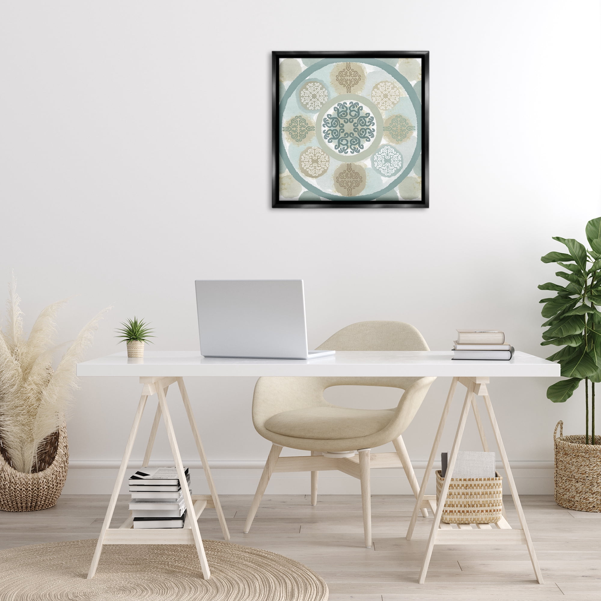 Stupell Industries Mint Mandala Fractals Abstract Painting Black Floater Framed Canvas Art Print Wall Art, 25 x 25