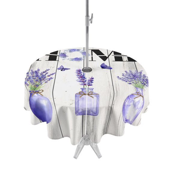 Outdoor Tablecloth with Umbrella Hole Zipper Lavender Vases Round Tablecloth 60" Waterproof Outside Table Cloth Home Rustic Floral Butterflies Vintage Patio Table Cover Tablecloths for Picnic Party