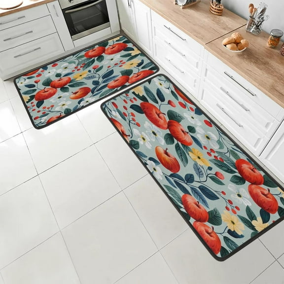 Fruits Apples Flower Kitchen Mat Set of 2 Non-Slip Washable Kitchen Rugs Waterproof Comfort Standing Floor Mats for Kitchen Home Office Sink Laundry 17x29 Inch   17x47 Inch
